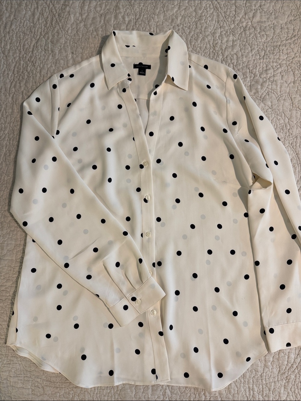 Ann Taylor Ivory Button-Down Shirt with Black Polka Dots, like new condition